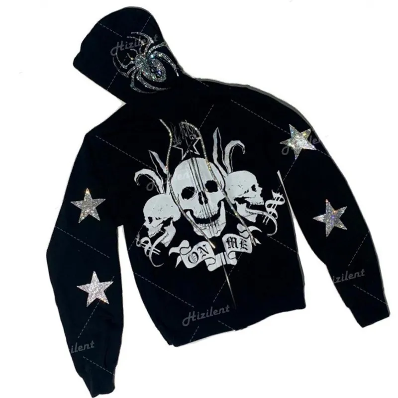 Goth Harajuku Y2k Kleidung Garbage Zipper Hoodie Herren Strass Spider Skull bedruckt Street Apparel Europa und Amerika Vintage Hoodie Herren Jacke Mantel