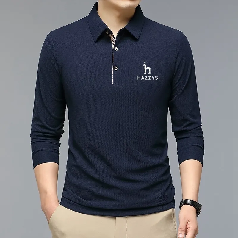 Heren Polo Mode Effen Polo Shirt HAZZYS Koreaanse Kleding Lange Mouw Casual Fit Slanke Man Knop Kraag Tops 230904