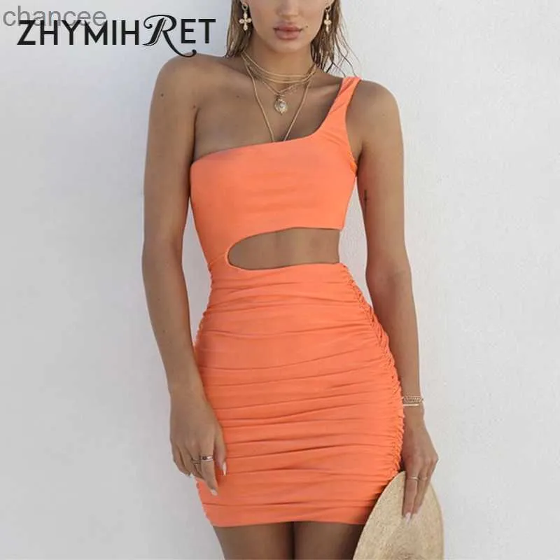 Basic Casual Dresses ZHYMIHRET Sexy One Shoulder Ruched Summer Dress For Women Hollow Out Waist Mini Dress Party Bodycon Robe Femme Bandage Vestido LST230904