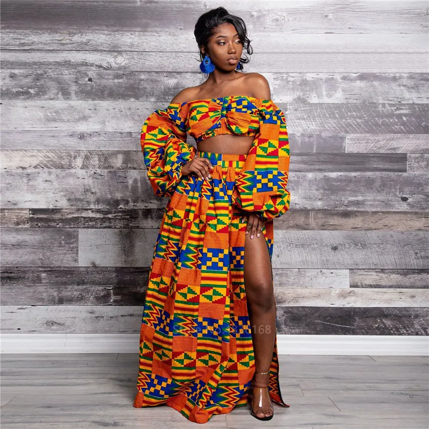 Tvådelad klänning Afrikanska klänningar för kvinnor Autumn 2-Piece Set Lady Full Sleeve Shoulder Off Festher Dashiki Print Split kjolar Africna Clothes 230901