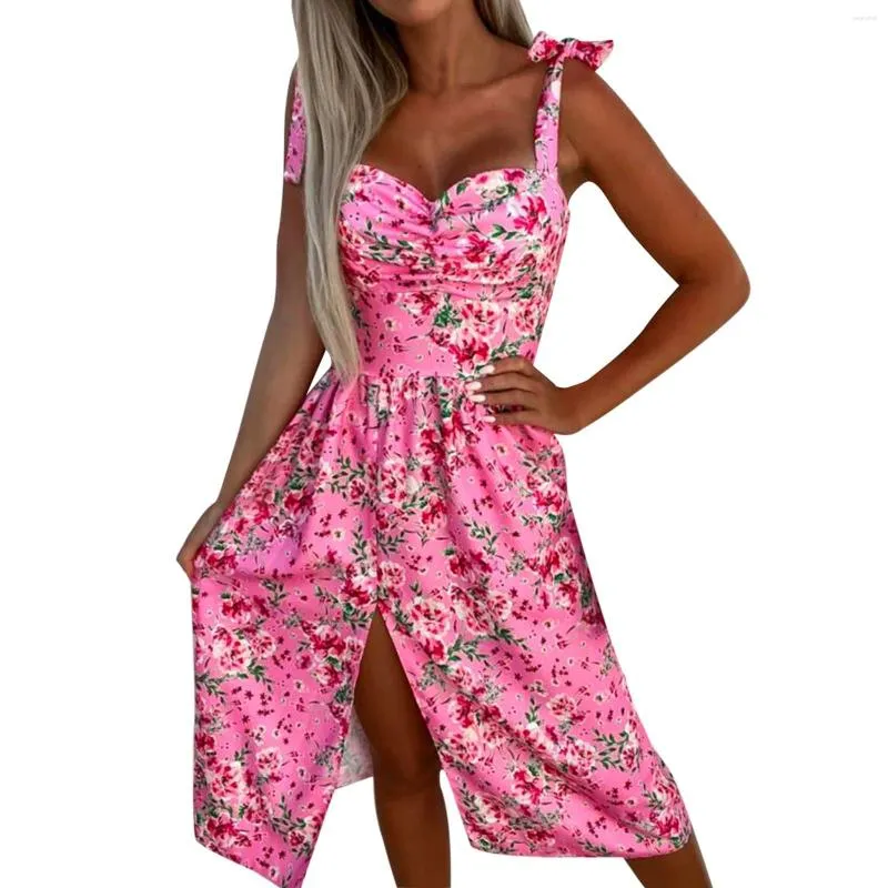 Robes décontractées Robe de col carré d'impression de fleur pour les femmes élégantes bretelles d'épaule plage robe de soleil dos nu boho vacances longue robe