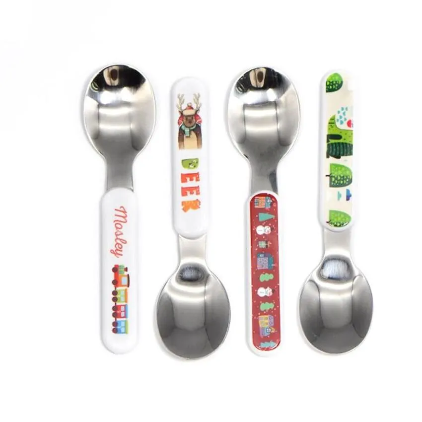 Sublimation White Kids Knife Fork Spoon Cutlery Set Stainless Steel Silver Tableware Christmas Flatware Plain Silverware Kitchen Dinner Sets Baby Feeding H12504