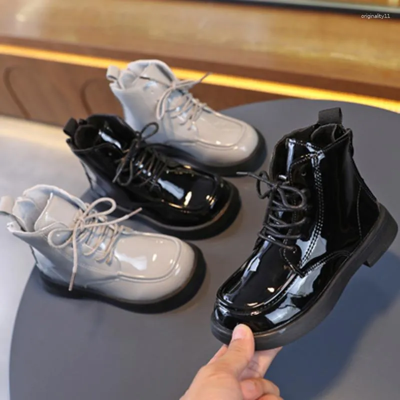 Boots Patent Leather Boys Girls Fashion Autumn Winter Solid Zipper Fleece Children Ankle Shoes Warm Anti Slip Kids