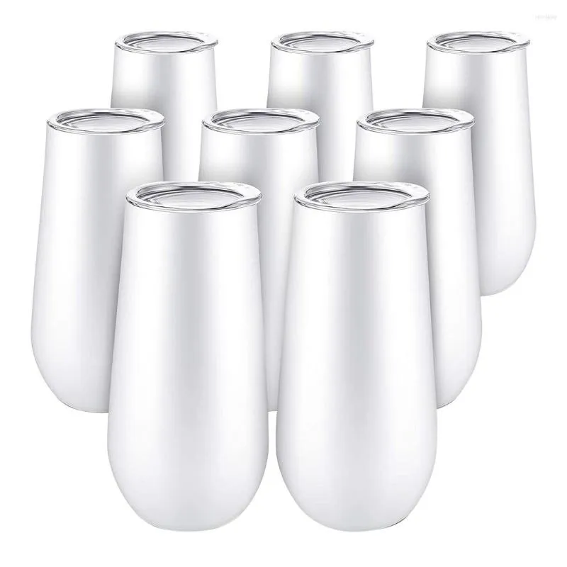 Water Bottles 8Packs Stemless Champagne Flutes Wine Tumbler 6 OZ Double-Insulated With Lids Cocktail Cups White