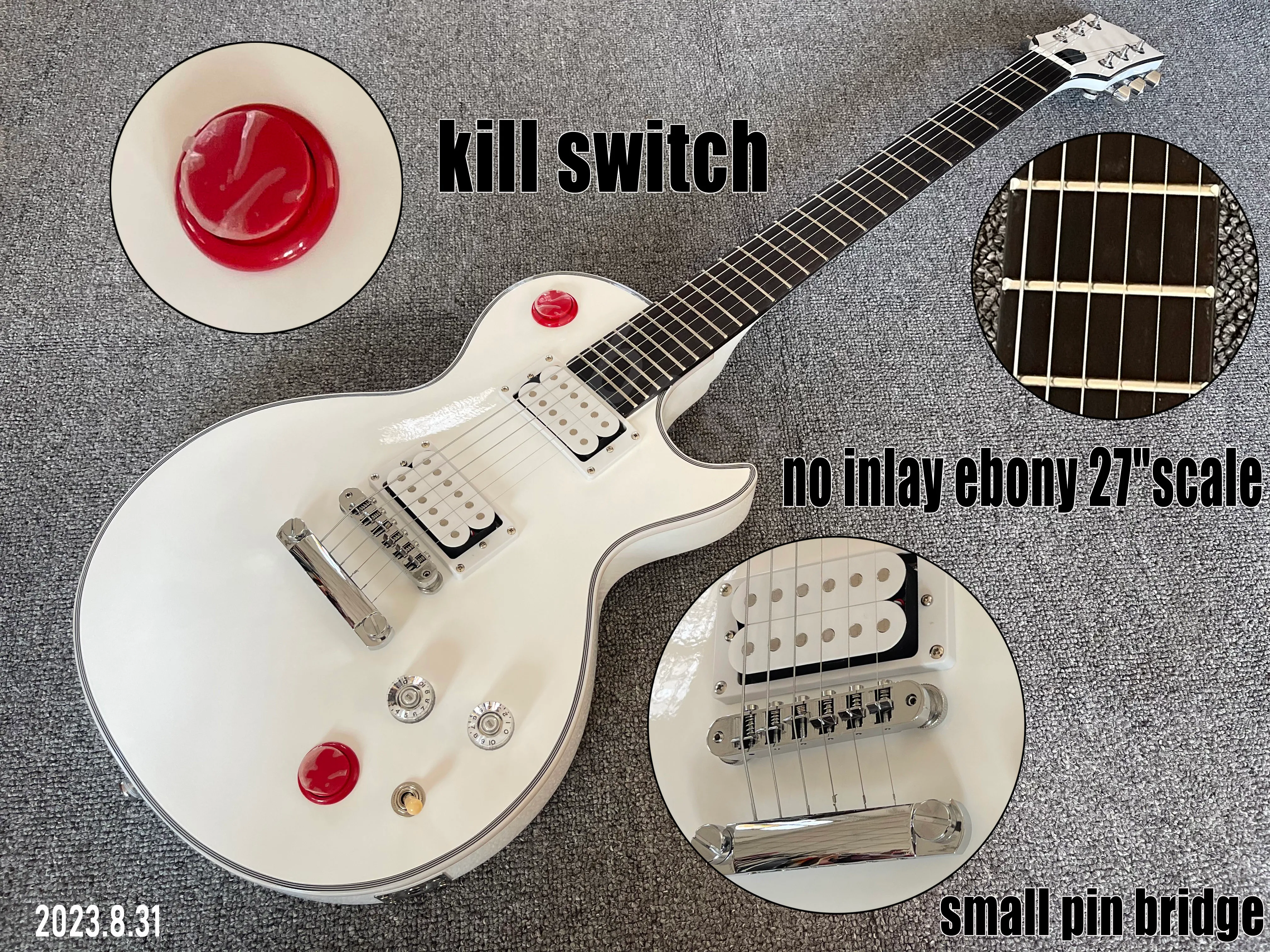 Elektrisk gitarr solid vit färdig hh vit öppen stolpe pickups ebenholts fingerboard 27 skala nitrocellulosa hög glansig med röd kill switch