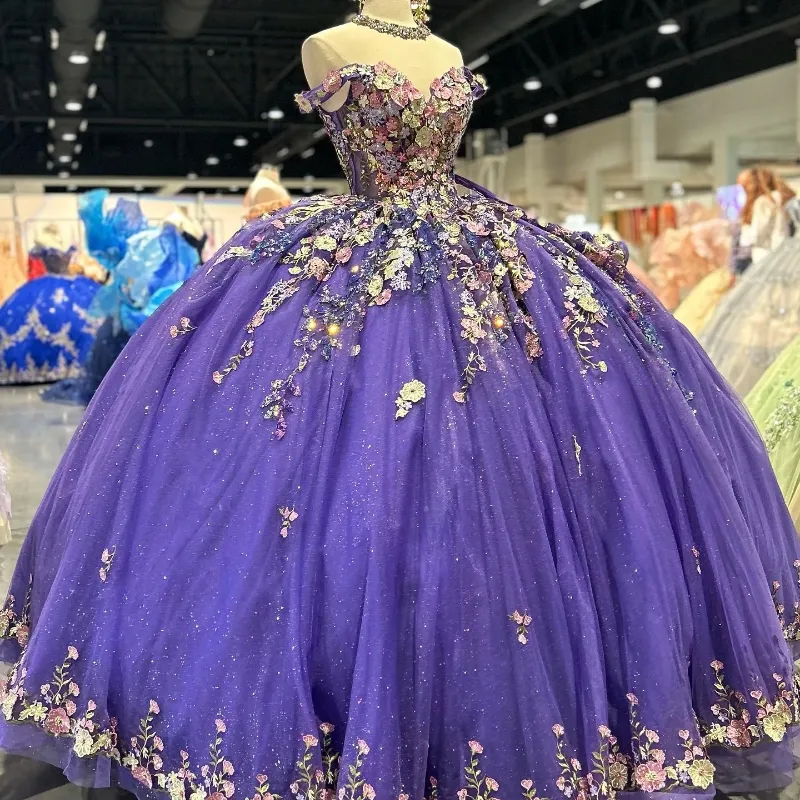 Mexikanska lila glänsande quinceanera klänningar 3d blommig applikation födelsedag prinsesse formell söt 15 16 bollklänningar vestidos xv anos