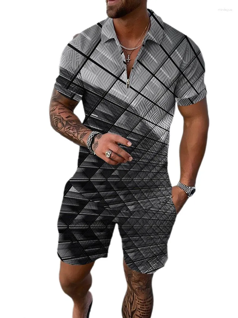 Survêtements pour hommes Mode Mâle Sport Ensemble Vêtements d'été Polo à manches courtes T-shirts Imprimé géométrique pour hommes Homme Sportwear Costumes Survêtement