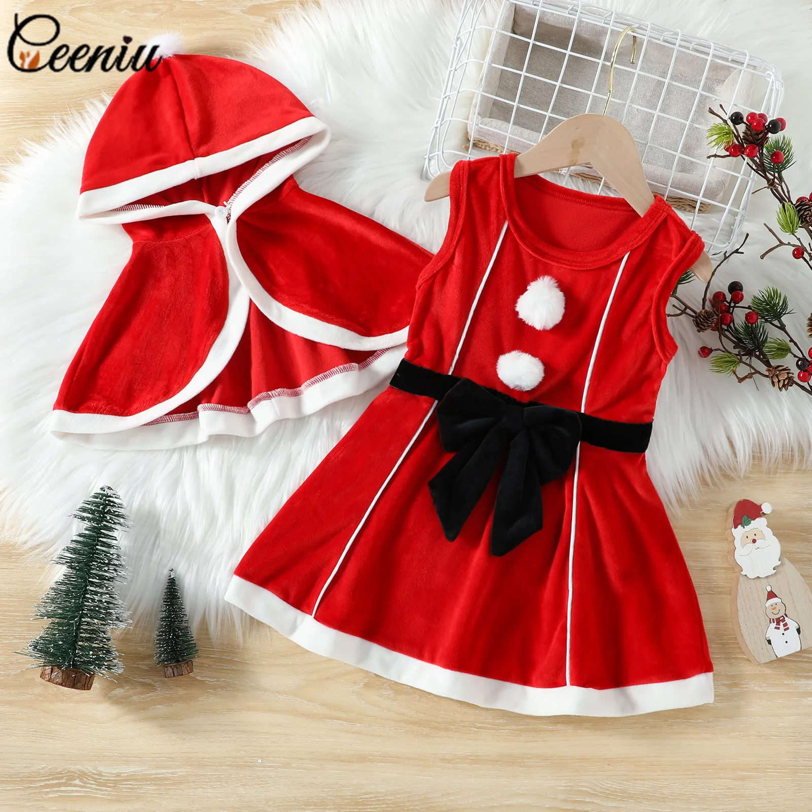 Girls Dresses Ceeniu 26Y Year Hooded Red Cloak CapeHairball Belted Velvet Dress Kids Children Christmas Outfits Clothes 230901