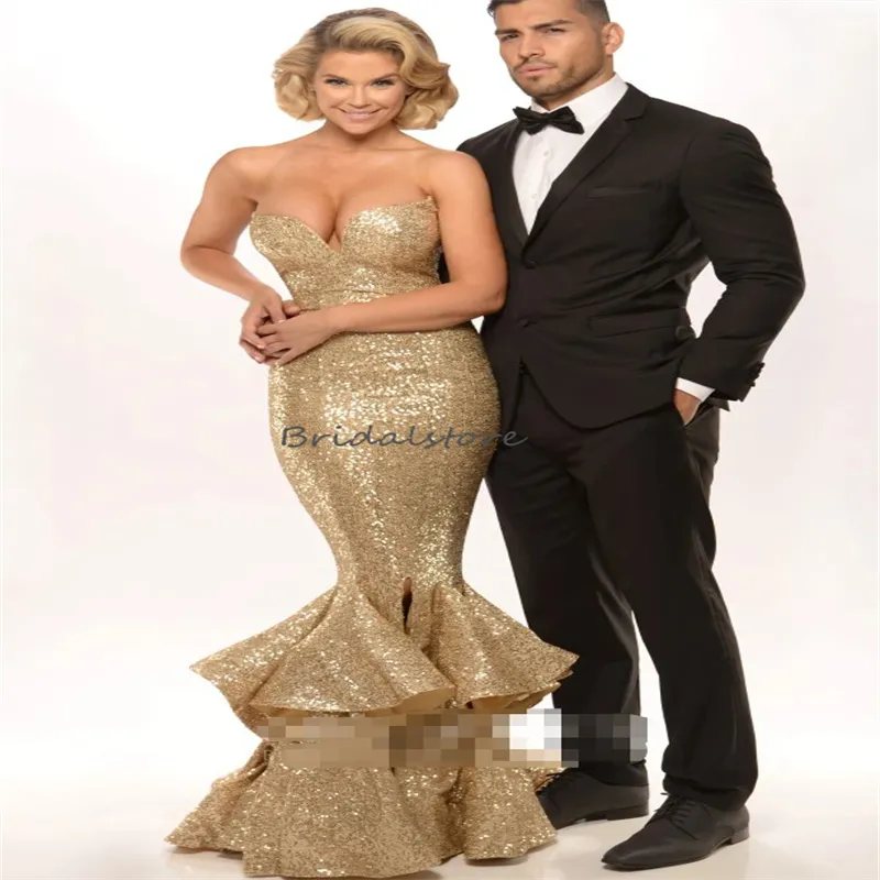 slim fit dress slacks Gorgeous Sparkly Gold Sequins Formal Gown Prom Dress with Leg Slit Gold / 26W