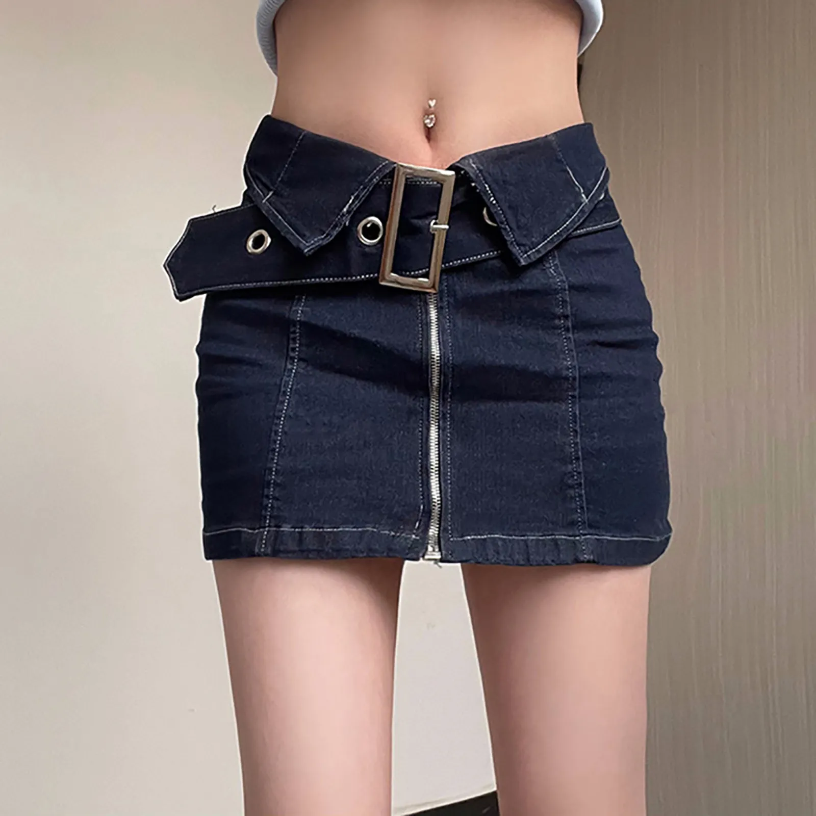 スカート BEP WOMEN B EMBLEM DENIM MINI SKIRT Womens Denim Mini Skirt - Buckle Belted Jean Skirt, Casual