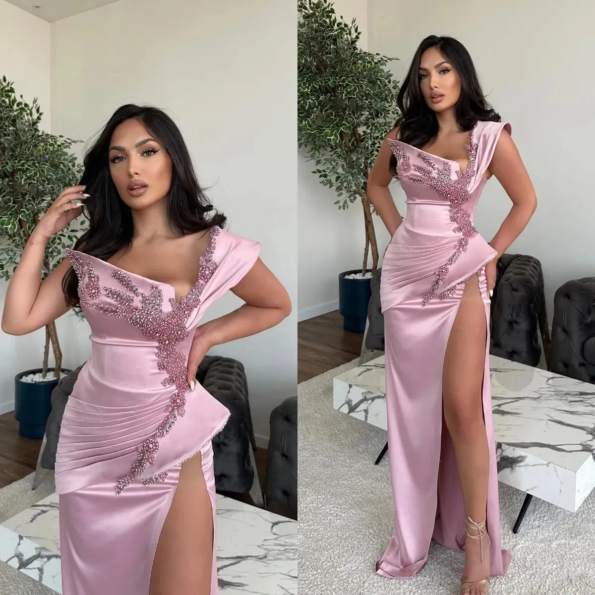 2023 Vestidos de fiesta de un hombro con cuentas de color rosa Sirena Satén Lado alto Dividir Vestidos de noche formales Mujer Vestido de fiesta nupcial Robe De Soiree 322