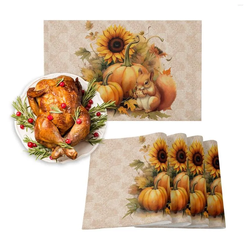 Tapis de Table 4/6 pièces, napperon de cuisine, citrouille, écureuil, tournesol, décor de salle à manger de noël, tasse de bol de maison, automne