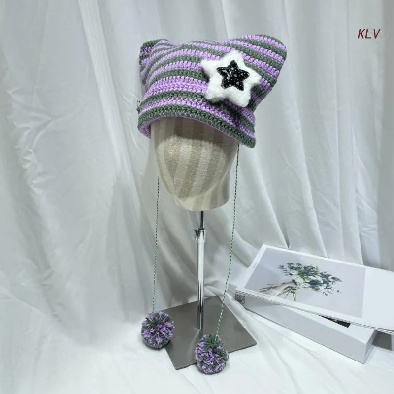 Czapki czapki/czaszki Y2K Gothic dzianin Hat HARAJUKU Little Devil Hat Striped Kobiety wiatroodporne zimowe ręcznie robione czapki 230904