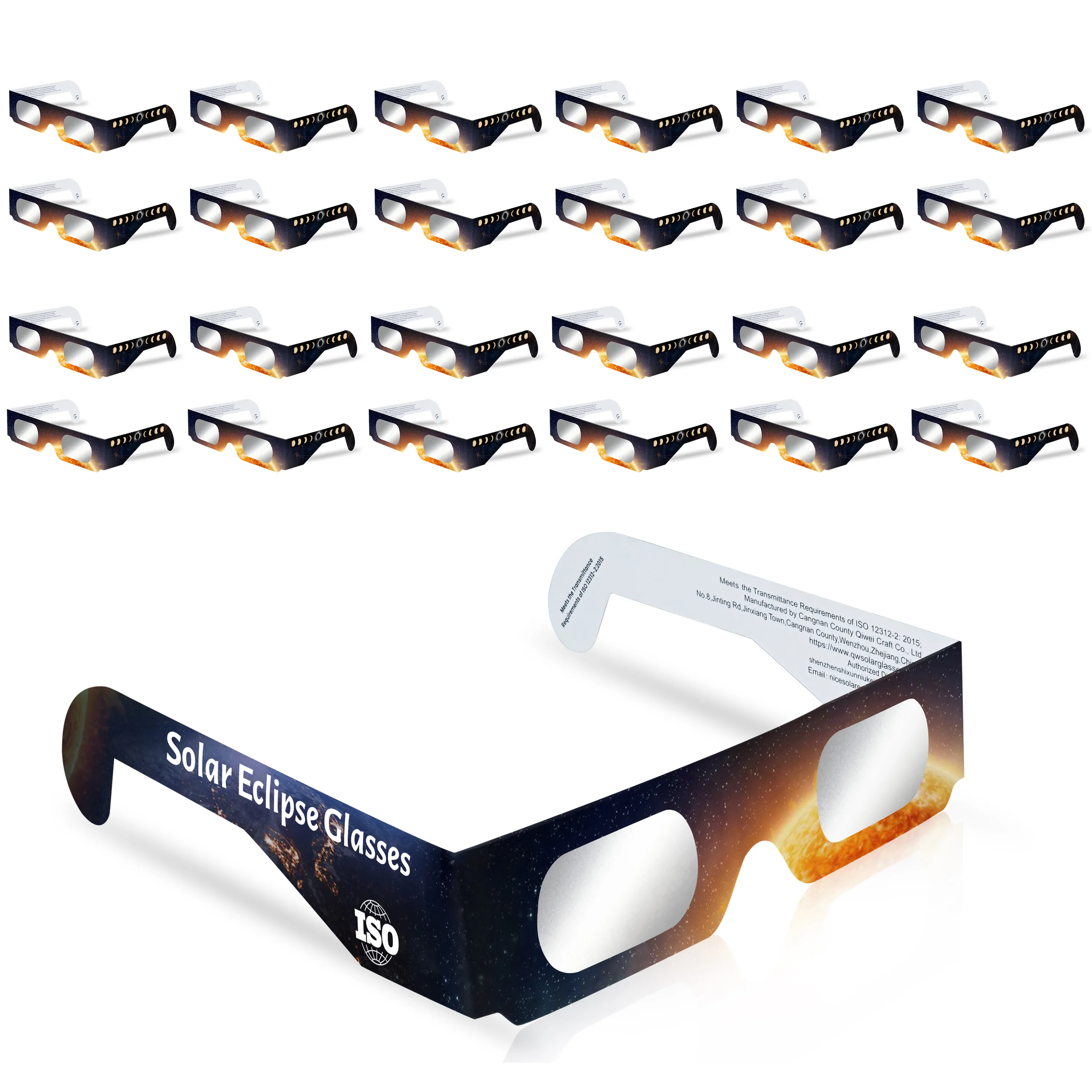 Confezione da 25 occhiali Premium Solar Eclipse Occhiali Eclipse certificati ISO 2024 per la visione diretta del sole, realizzati dalla fabbrica approvata dalla NASA