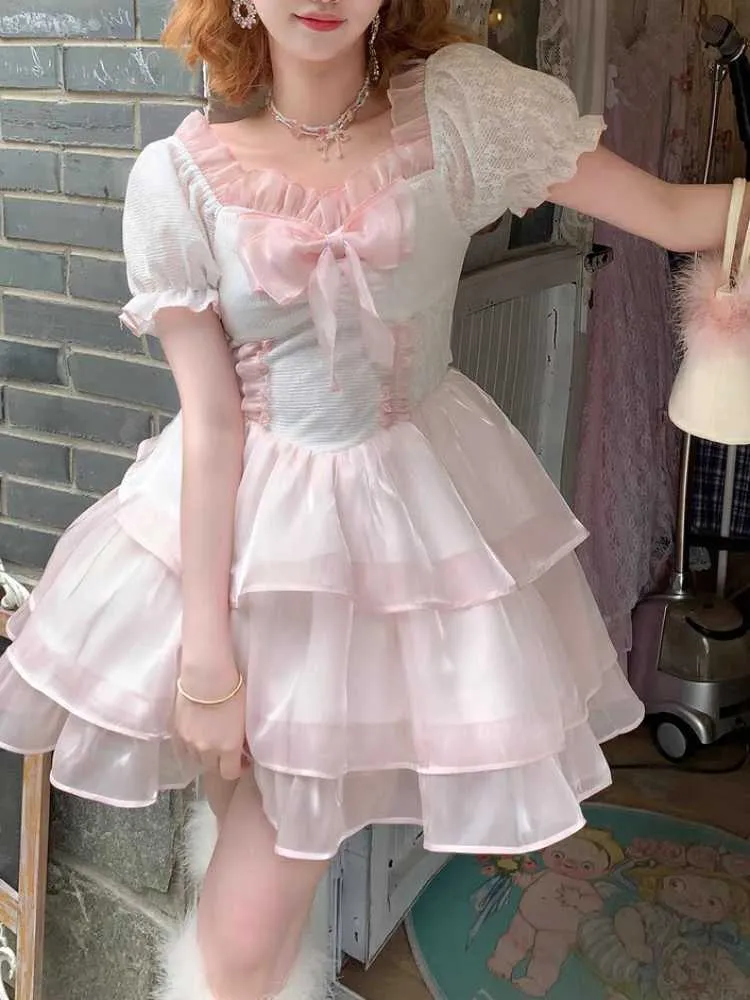Summer Pink Kawaii Lolita Dres Puff Sleeve Japanese Sweet Party Mini Dress Bow Chiffon France Princess Fairy 230808