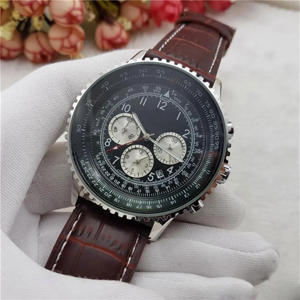 2018 3 Dials Working Quartz Watch Top Mens Leather Chronograph Armtwatches rostfritt stål Klassiskt pilot Relogio Relojes1919