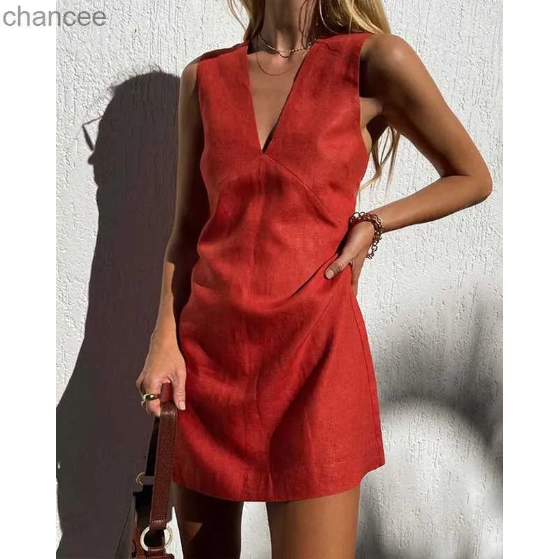 Basic Casual Dresses Cotton Linen Womens Dresses Sexy V-Neck Sleeveless Basic Tank Dress Chic Elegant Ladies Dresses Summer Sale Vestidos Para Mujer LST230904