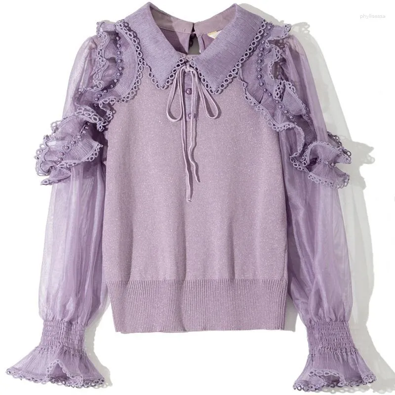 Pulls pour femmes Tops Mode 2023 Printemps Eté Automne Pull Lady Turn-Down Col Tulle Mesh Ruffle Fleur Violet Rouge Noir Jumper