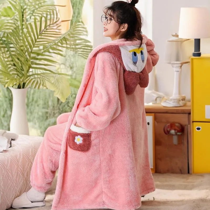 Kvinnors sömnkläder Bomulls sammet nattklänning Set Winter Cartoon Casual Cute Home Clothes Student förtjockad långärmad flanell utkläder pyjamas