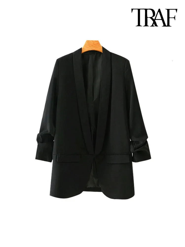 Kvinnor kostymer blazers traf kvinnor mode kontor bär grundläggande svart blazer kappa vintage veckad ärmfickor kvinnliga ytterkläder chic toppar 230904