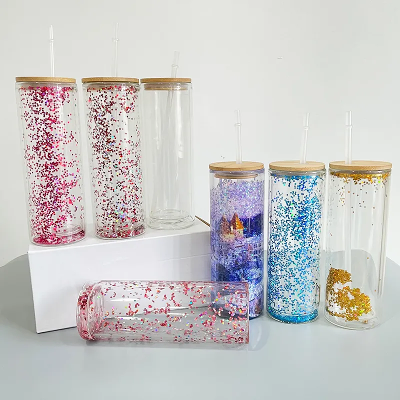 USA Warehouse 20oz Sublimation Skyny Strime Snow Globe Fit 3mm Glitterダブルウォールクリスタルクリアガラスソーダビールコーヒーウォーターカクテルタンブラー