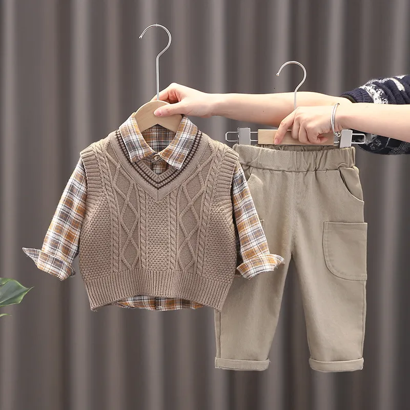 Boys Set: Sweater Vest, Long Sleeve Shirt, Cargo Pants, Spring