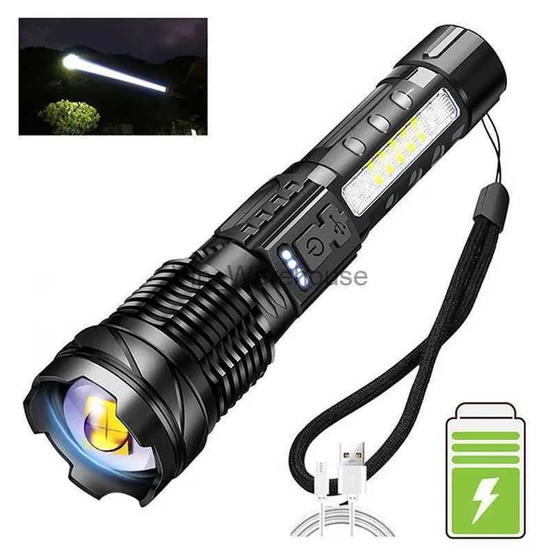 Facklor 30W LED COB Strong Light Flashlight Portable laddningsbar Bright Hushåll LED -lampan Inbyggd batteri med Power Display HKD230904