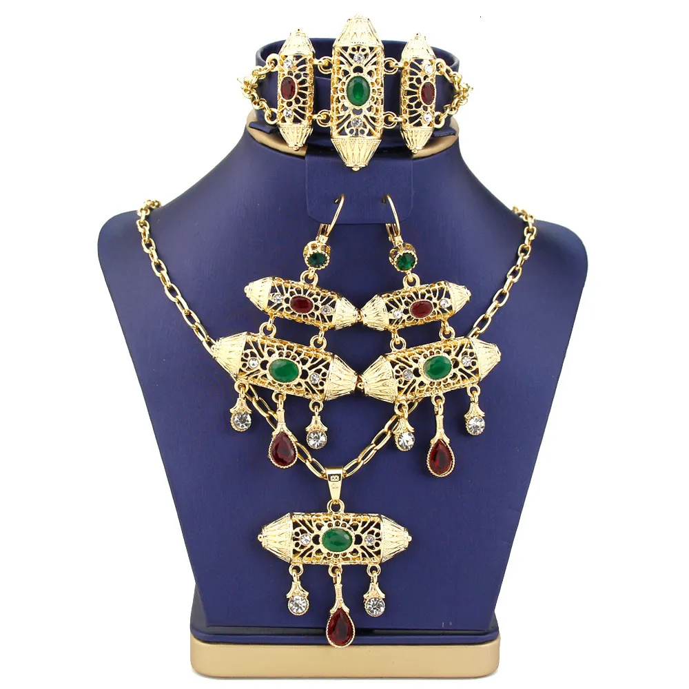 Wedding Jewelry Sets Sunspicems Ethnic-Style Morocco Jewelry Sets Gold Color Women Drop Earring Charm Bracelet Necklace Arabic Bride Wedding Jewelry 230901