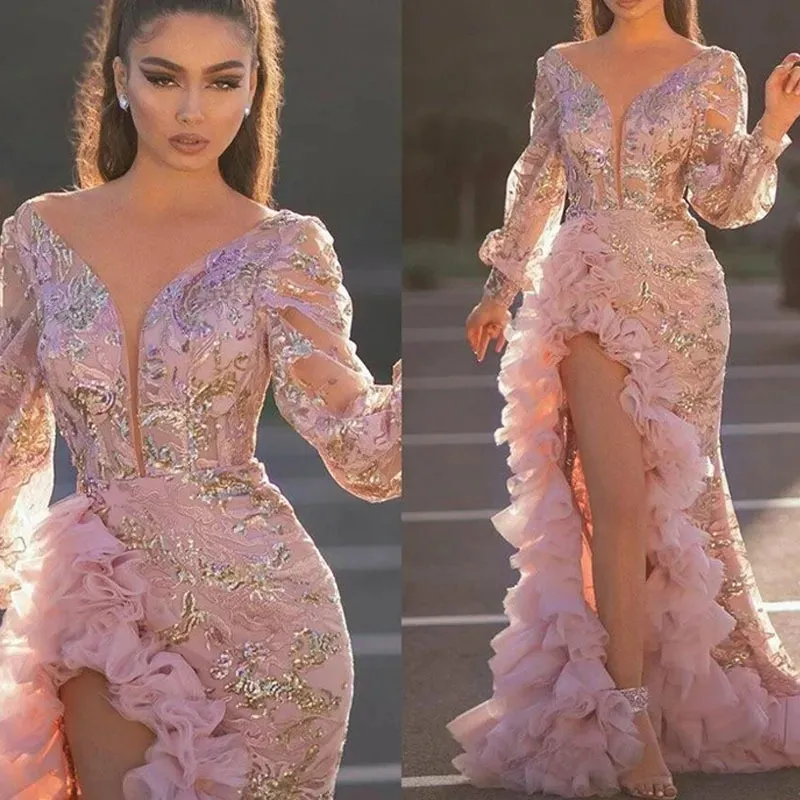 Pink Evening Dresses Wear Sheath Long Sleeves Illusion Crystal Beading High Side Split Floor Length Party Dress Prom Gowns Open Back Robes De Soiree 328 328