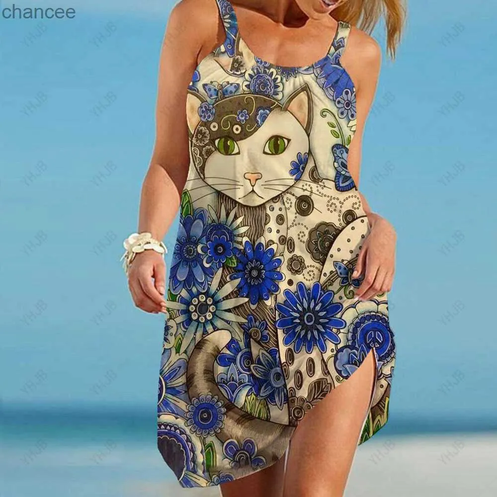 Basic Casual Dresses New Elegant Women's Dress Sexy 2023 Colorful Cat Print Women's Dress Strap Summer Women's Beach Bohemian Loose Print Fashion LST230904