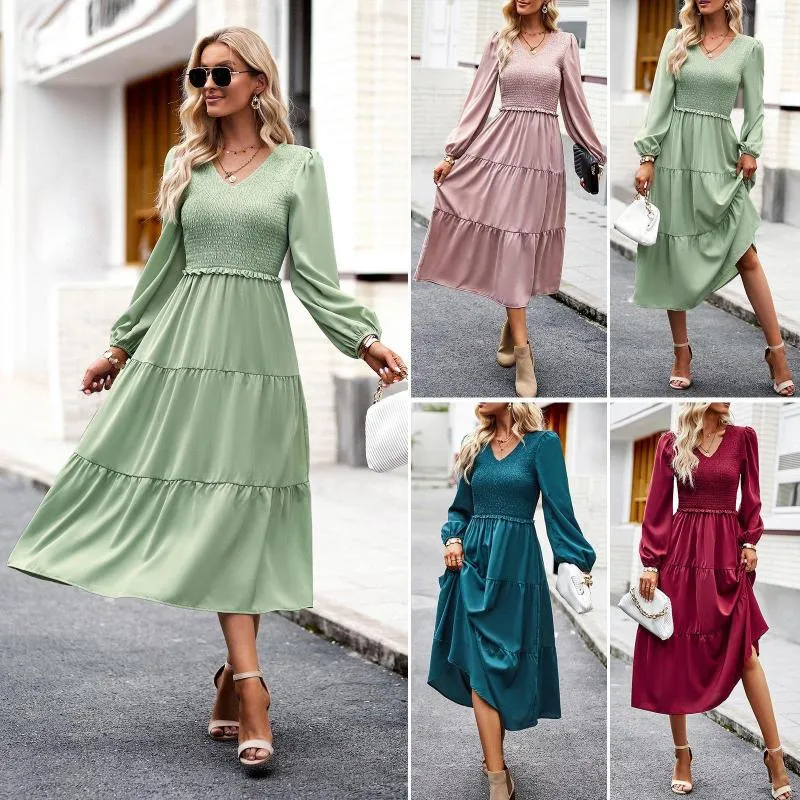 Sıradan Elbiseler 2023 Moda Kadın Ofisi Lady V-Yonk Uzun Elbise Öğrencileri Fener Kılıf İnce Sokak Giyin