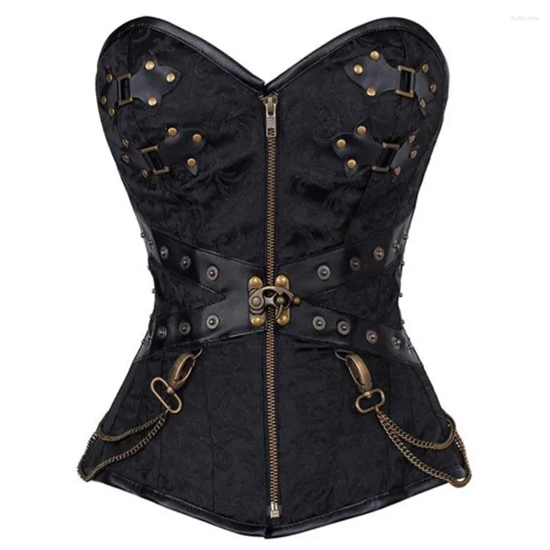 Bustiers Corsets Femmes Faux Cuir Acier Désossé Vintage Steampunk Cool Warrior Chaîne Conception Brocart Zip Up Corselet Avec String