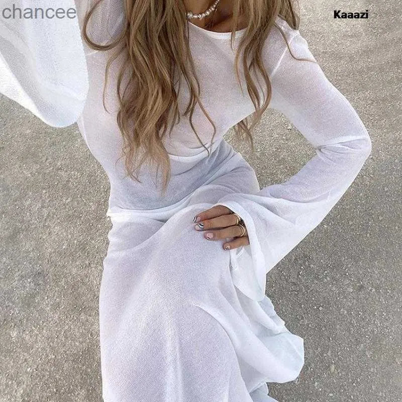 Basic Casual Dresses KAAAZI Long Sleeve Women Maxi Dress Round Neck Backless Club See Through Mesh Cut Out Summer Sexy Party Beach Long Dresses LST230904