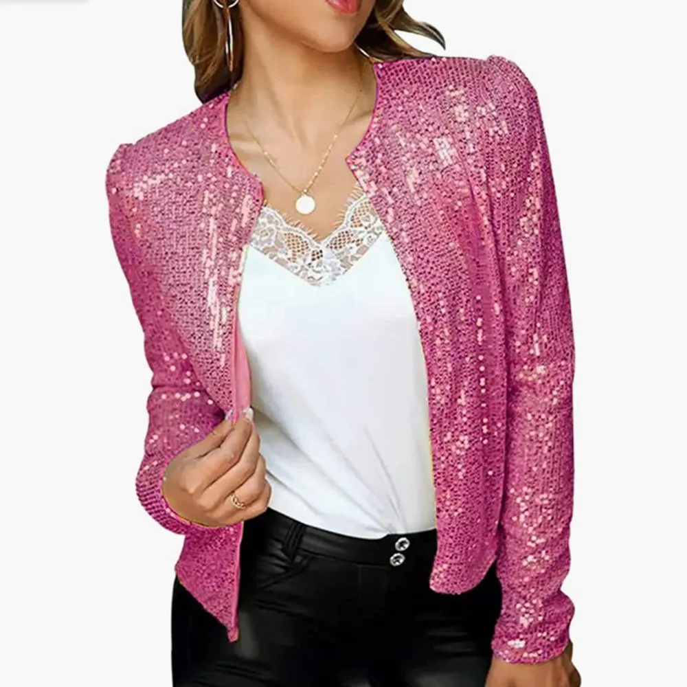 Women's Jackets 2023 Fashion Sequin Women Glitter Long Sleeve Short Coats Elegant Spring Outwear Office Ladies Solid Streetwear Jacket