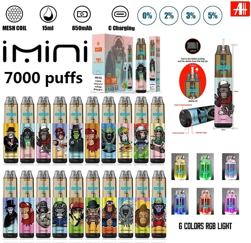 Оригинальный Imini 7000 Puffs Одноразовый ecig Pod Pod Wape Wape Puring Device 850MAH Аккумуляторная аккумуляторная батарея 15 мл предварительно заполненная вейп -ручка.