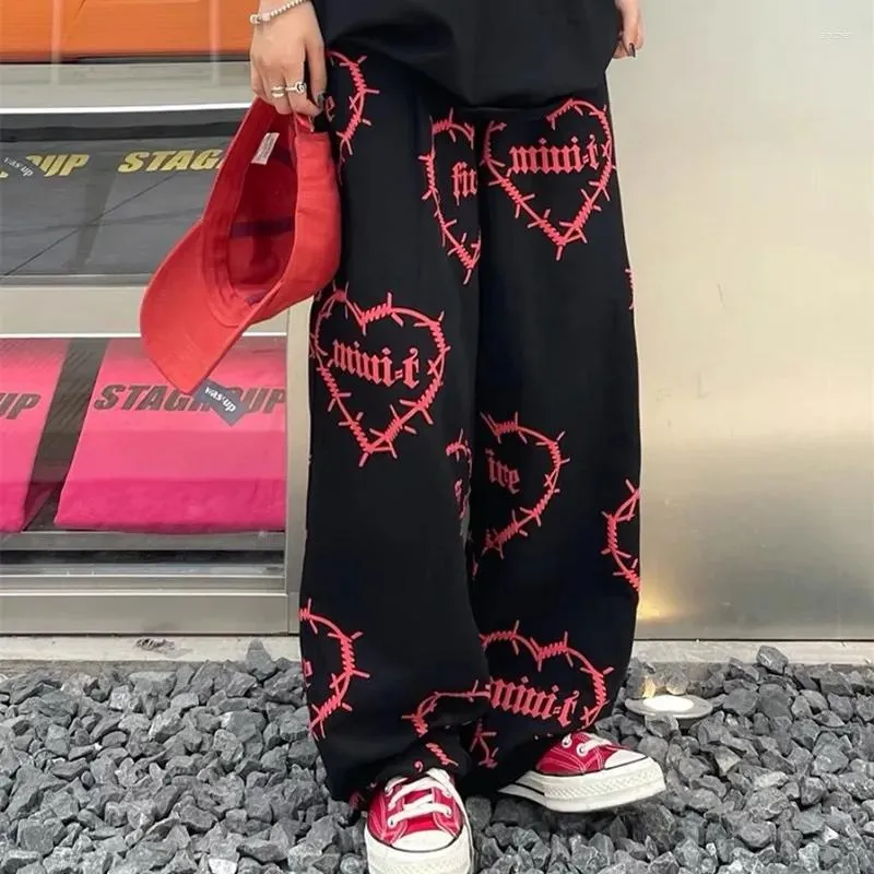 Pantaloni da donna Street Love Vita stampata Tasche casual larghe Dritto pieghettato Largo Punk Harajuku Y2K Oversize Park Taglia vintage