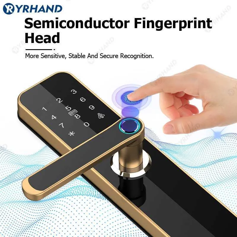 Serrature per porte YRHAND Oro Serratura biometrica intelligente TUYA WIFI Sblocco remoto Scheda di impronte digitali Password Chiave Password Serratura intelligente HKD230903