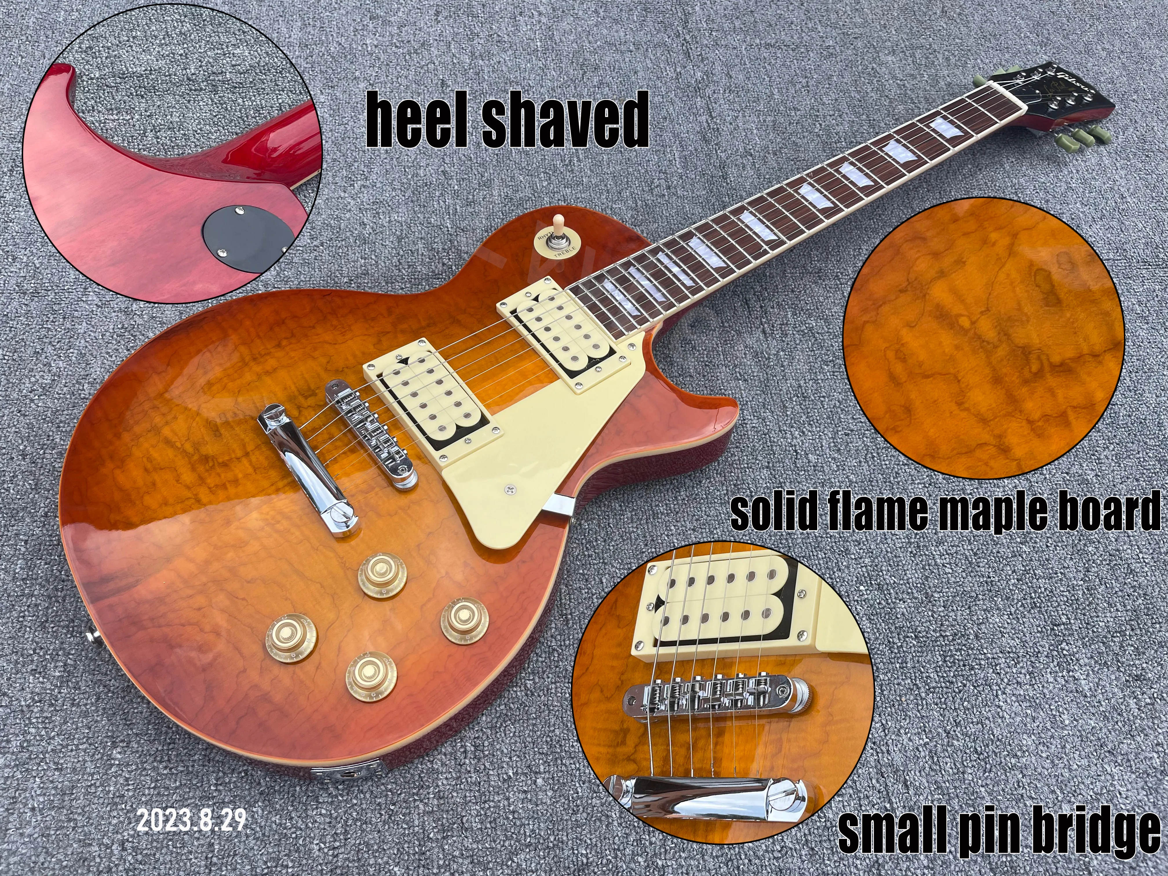 Electric guitar solid flame maple board honey burst HH pickups small pin bridge bone nut heel shaved chrome parts