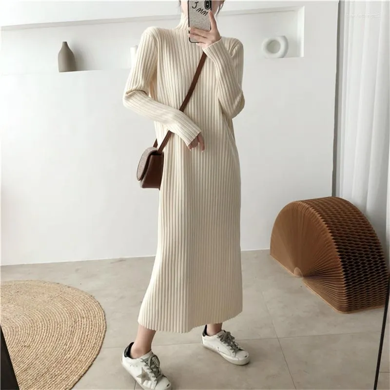 Casual Dresses Turtleneck Full Sleeve Knit Dress Female Winter Solid Vestidos Thick Women Long Sweater