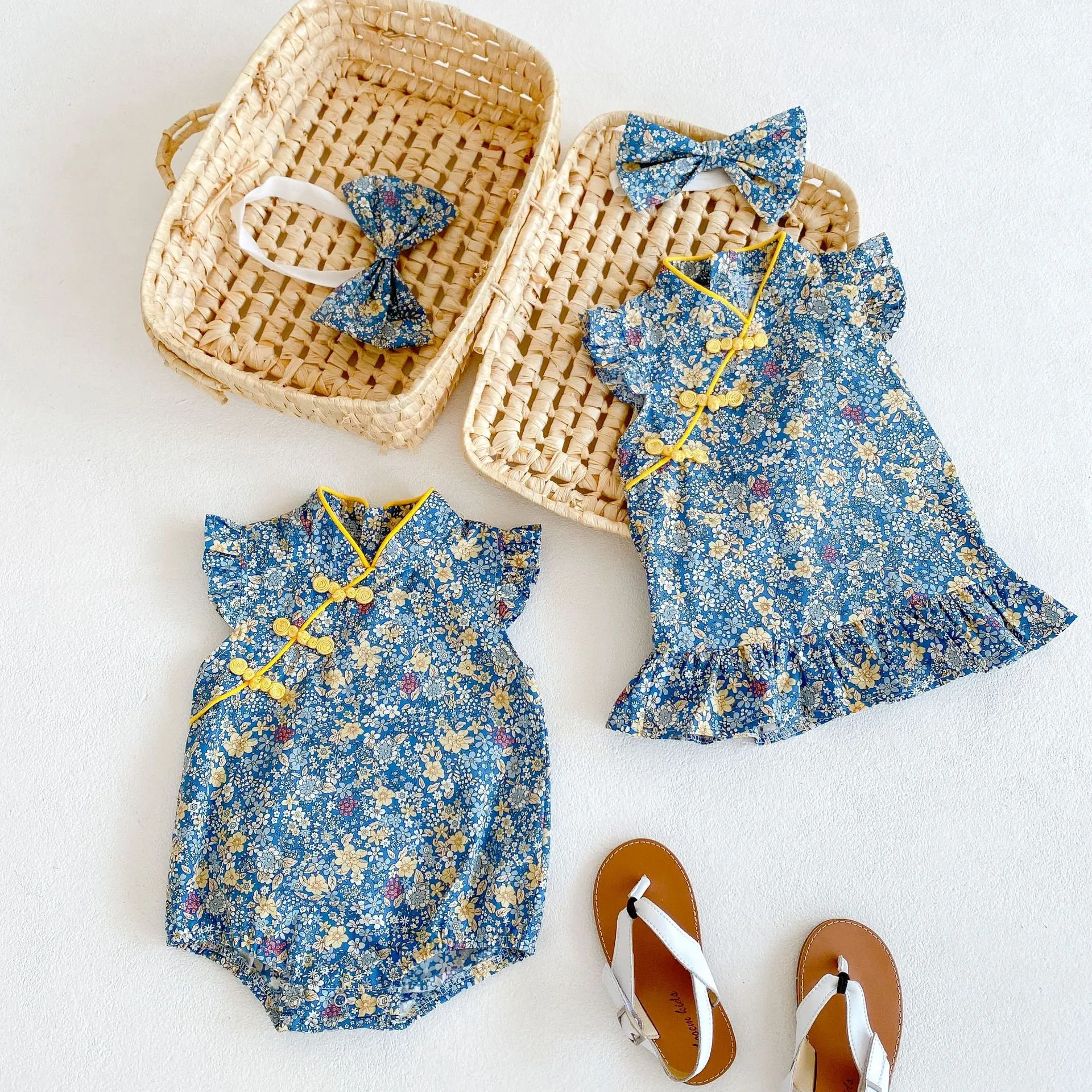 Vêtements d'été pour petites filles, Cheongsam, barboteuse florale pour nouveau-né, robe de princesse, combinaison d'été, costume Tang en coton, 2591