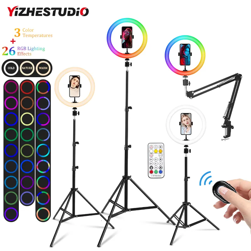 Selfie Lights Po LED Ring Light 26 cm Selfie Ring Lampe avec trépied Clip de téléphone Dimmable RVB Vidéo Fill Light de YouTubeMakeup Video Streaming 230904