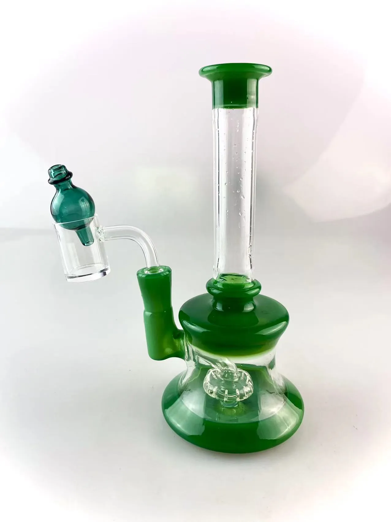 Shisha-Glasrecycler, grün, porzellanfarben, 6,5 Zoll hoch, 14-mm-Verbindung, fügen Sie einen Knaller und eine seegrüne Luftpolsterkappe hinzu