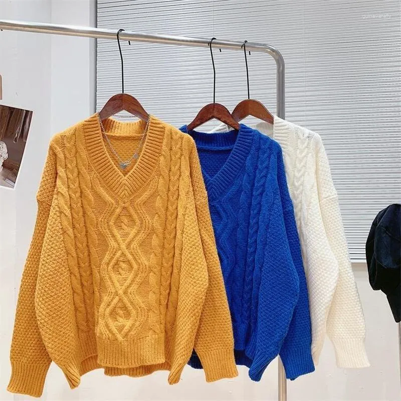 Maglioni da donna Maglione lavorato a maglia geometrico giallo da donna Pullover con scollo a V pigro con oversize Moda Junpers Top in maglia taglie forti Blu