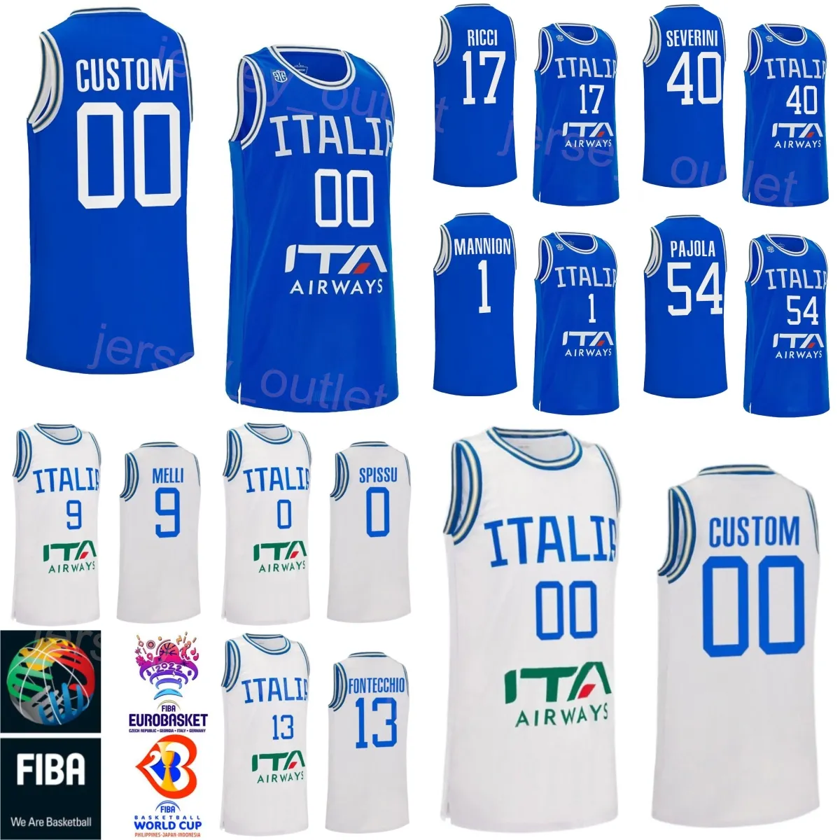 Print Italia Basketball 40 Luca Severini Jerseys Włochy Puchar Świata 1 Nico Mannion 18 Matteo Spagnolo 30 Guglielmo Caruso 54 Alessandro Pajola 70 Luigi Datome koszulka