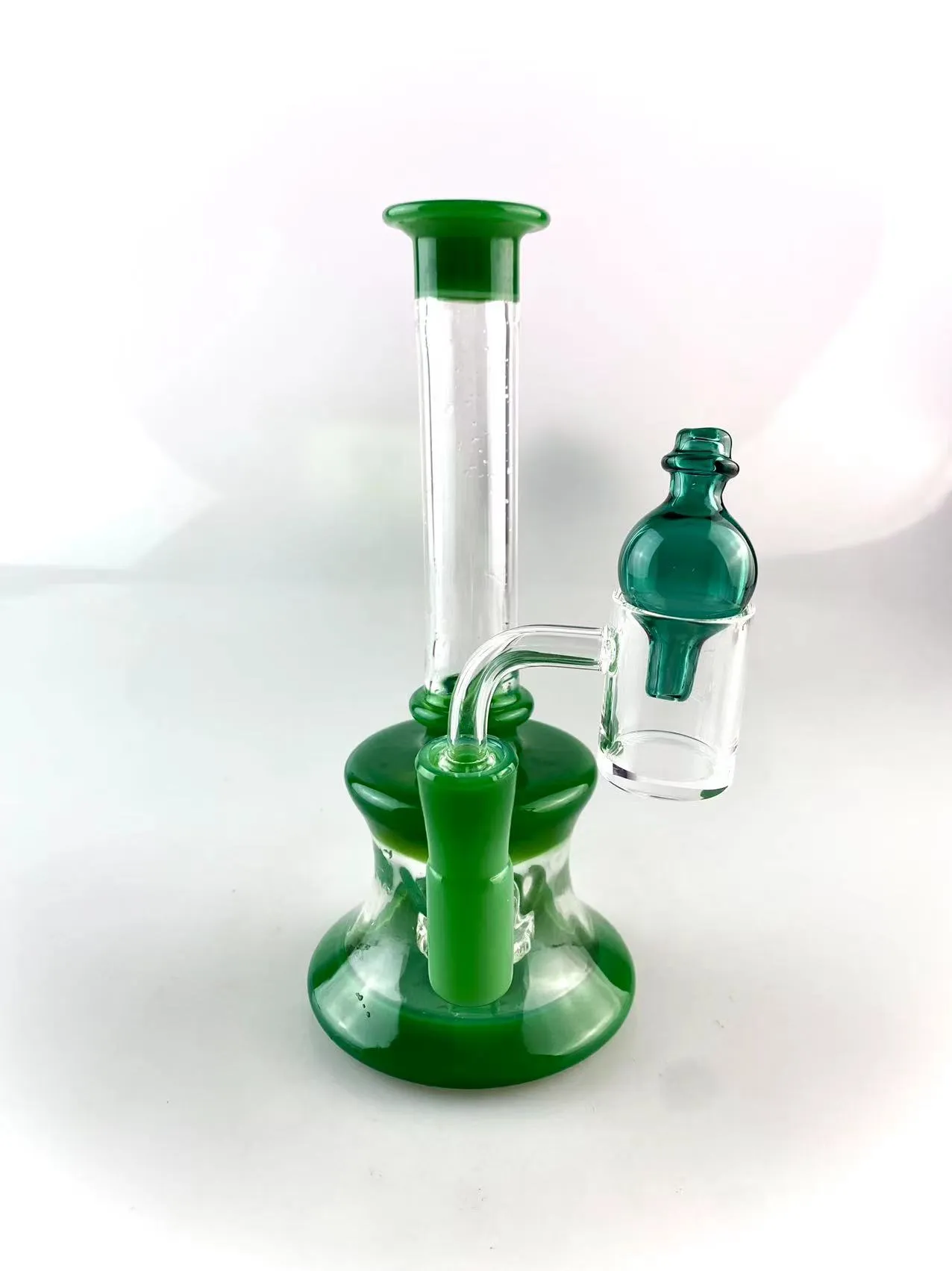 Reciclador de vidro para cachimbo de água, china verde, colorido, 6,5 polegadas de altura, junta de 14 mm, adicione um banger, uma tampa de bolha verde lago