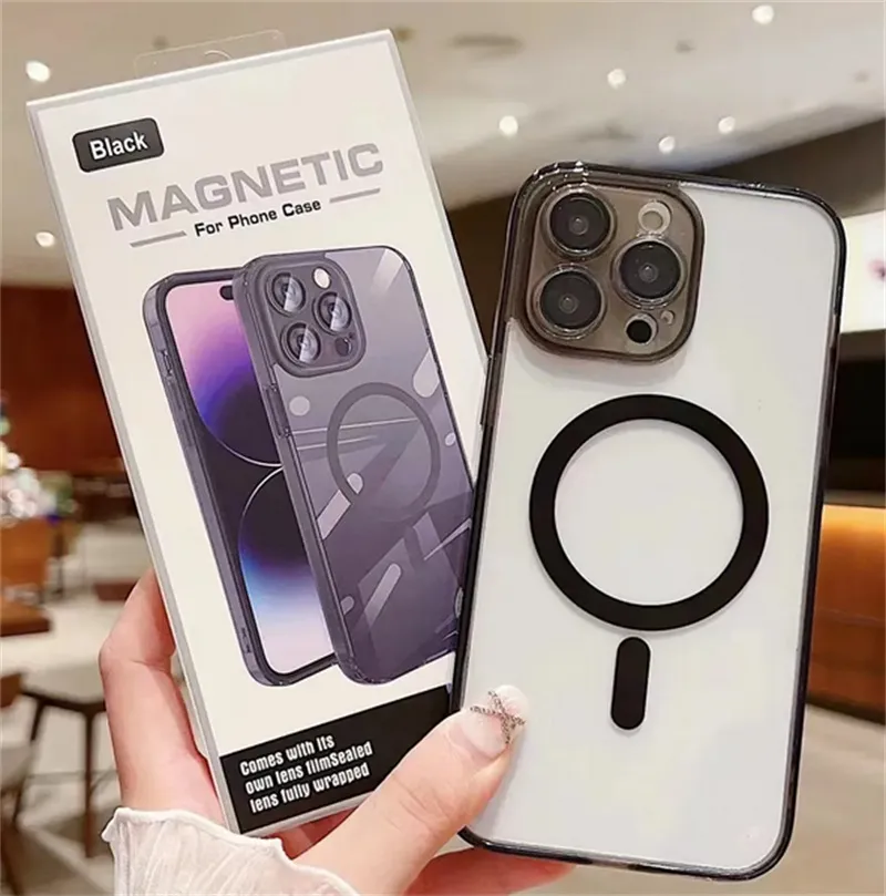 Étui magnétique haut de gamme avec protecteur de film d'objectif d'appareil photo pour iPhone 15 15Plus 15Pro Max 14 Plus 13 12 11 Pro Max avec emballage de boîte de vente au détail 5 couleurs
