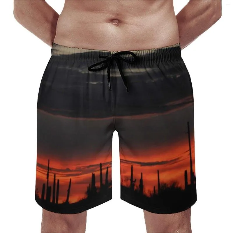 Pantalones cortos para hombres Tablero Paisaje del desierto Troncos de playa casuales Nubes oscuras y cactus Hombres Corriendo Surf Pantalones cortos de moda de talla grande