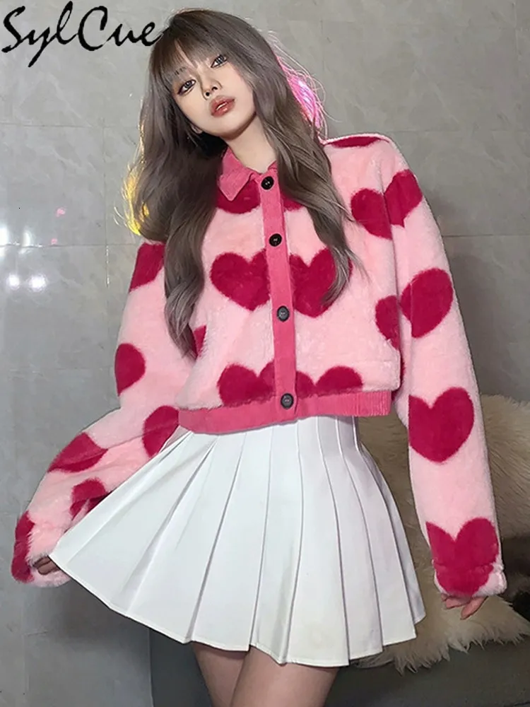 Giacche da donna Sylcue Pink Girl Youth Cute All-Match Love Contrast Woolen Loose Comodo ed elastico Cappotto corto da donna con bottoni 230901