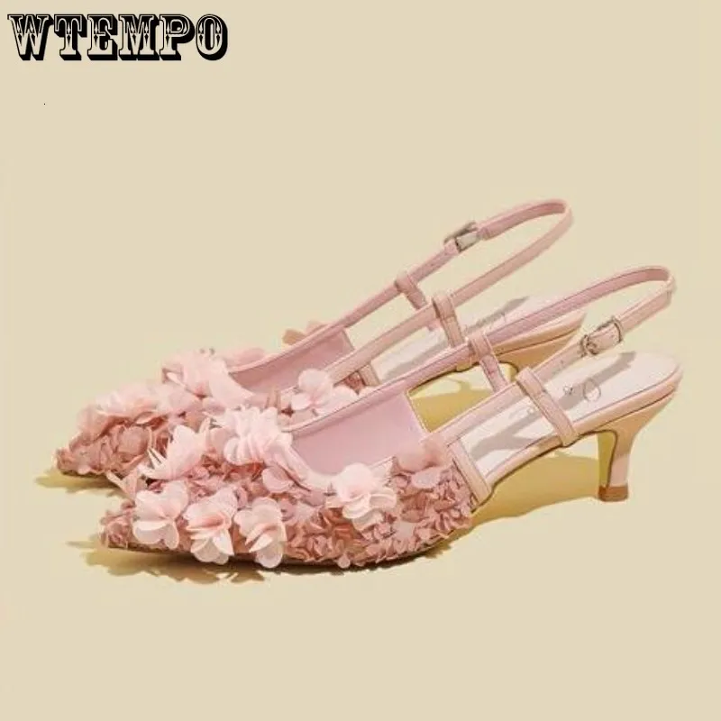 Sandales WTEMPO femmes sandales printemps pétale bout pointu escarpins de saint valentin Floral fée dames bout fermé chaussures plates sandales à talons mi-hauts 230901