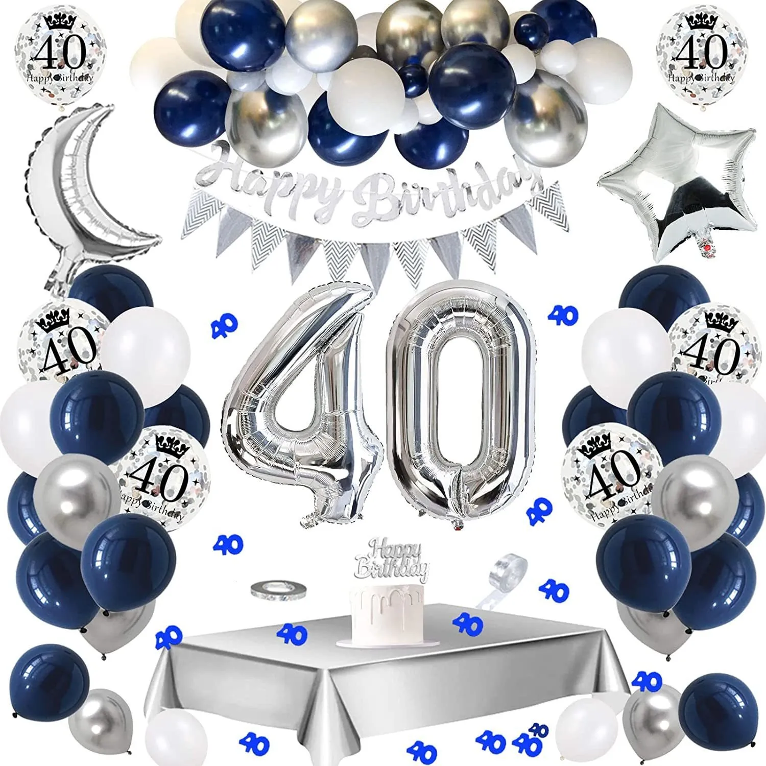 Other Event Party Supplies MMTX 40th Birthday Balloon Decor Decorations for Men Women Silver Blue Garland Arch Set with Tablecloth 230901